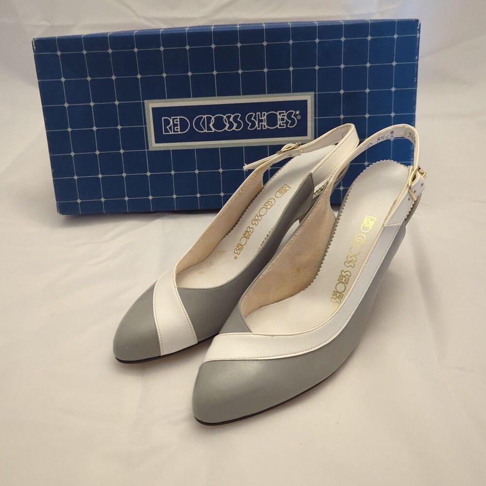 Vintage Red Cross Shoes Gray And White Slingback